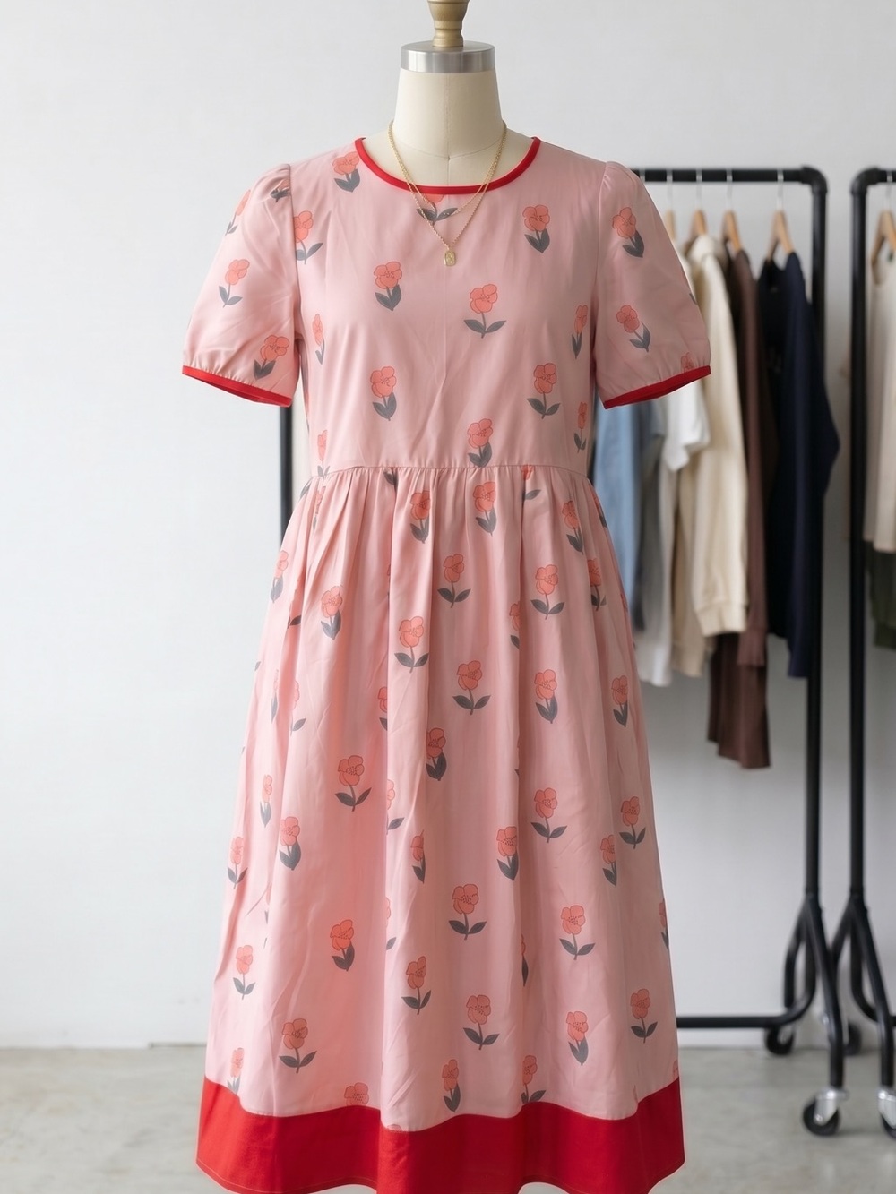 SHEIN Pink Floral Midi Dress with Dark Pink Trim